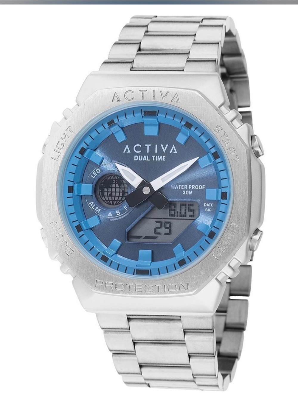 Ativa Dual Time Watch - Blue Dial, Silver Bracelet